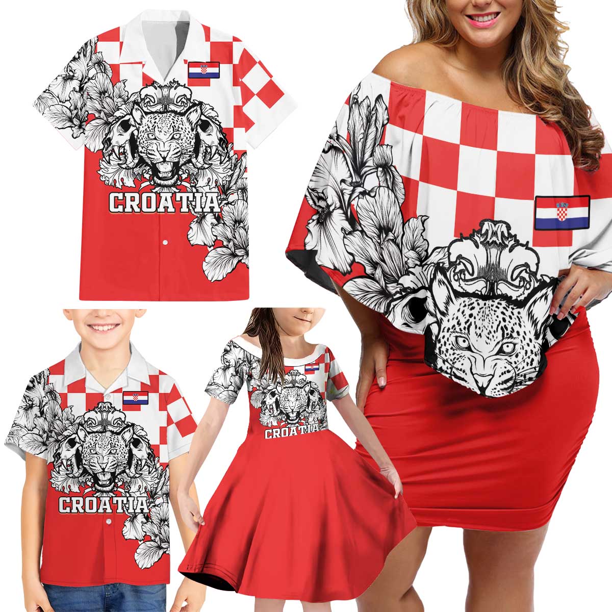 Personalized Croatia Leopard Heads Family Matching Off Shoulder Short Dress and Hawaiian Shirt With Iris - Wonder Print Shop