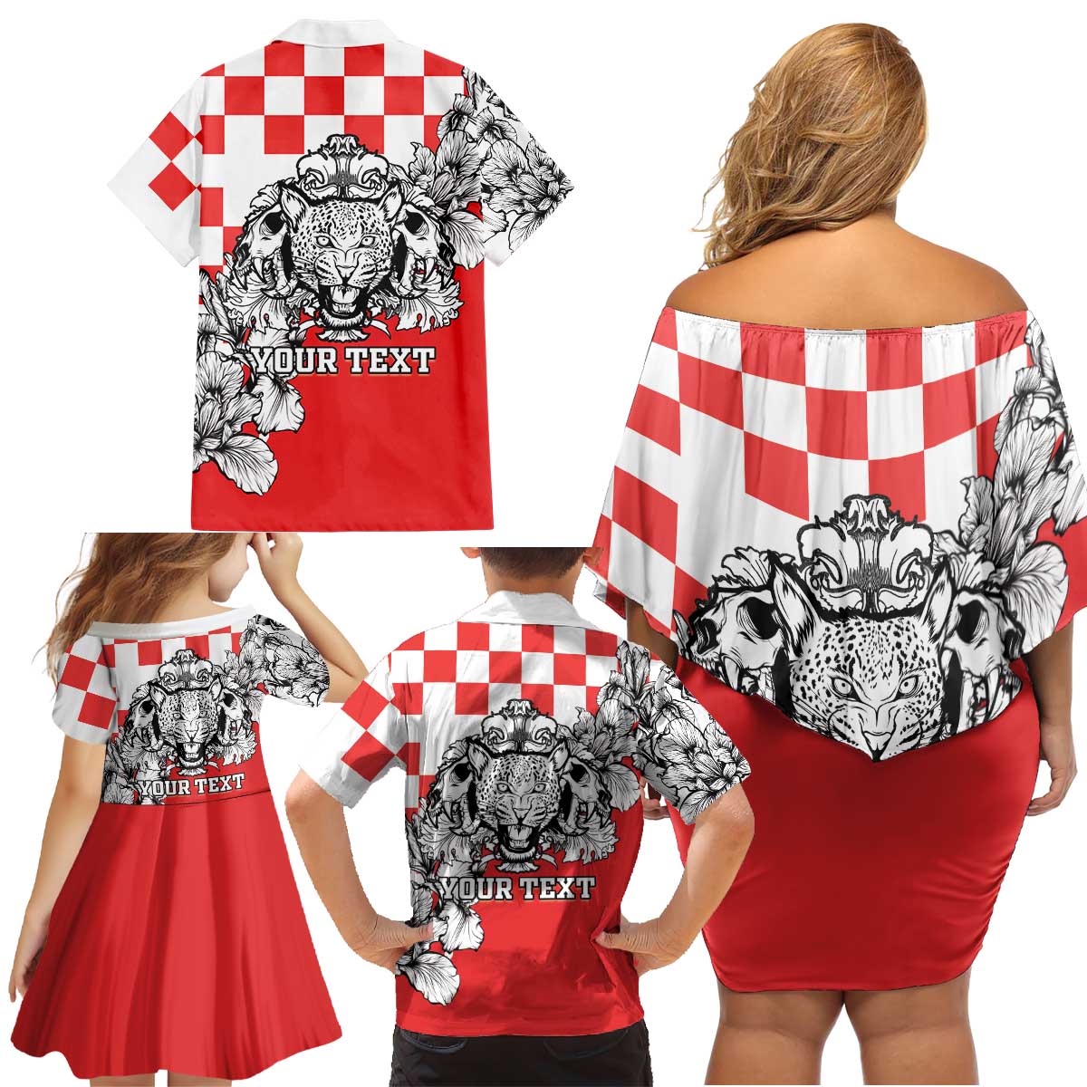 Personalized Croatia Leopard Heads Family Matching Off Shoulder Short Dress and Hawaiian Shirt With Iris - Wonder Print Shop