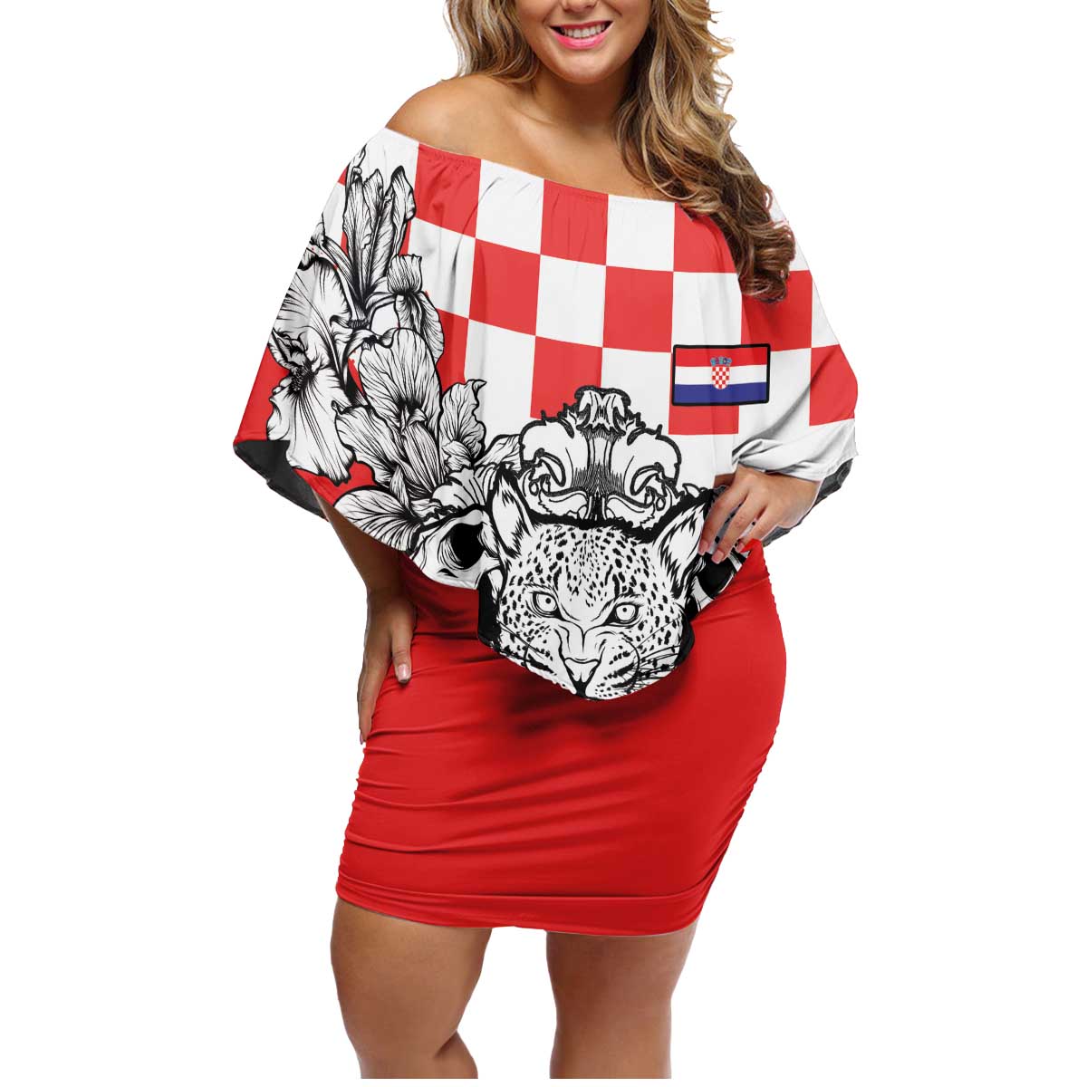 Personalized Croatia Leopard Heads Family Matching Off Shoulder Short Dress and Hawaiian Shirt With Iris - Wonder Print Shop