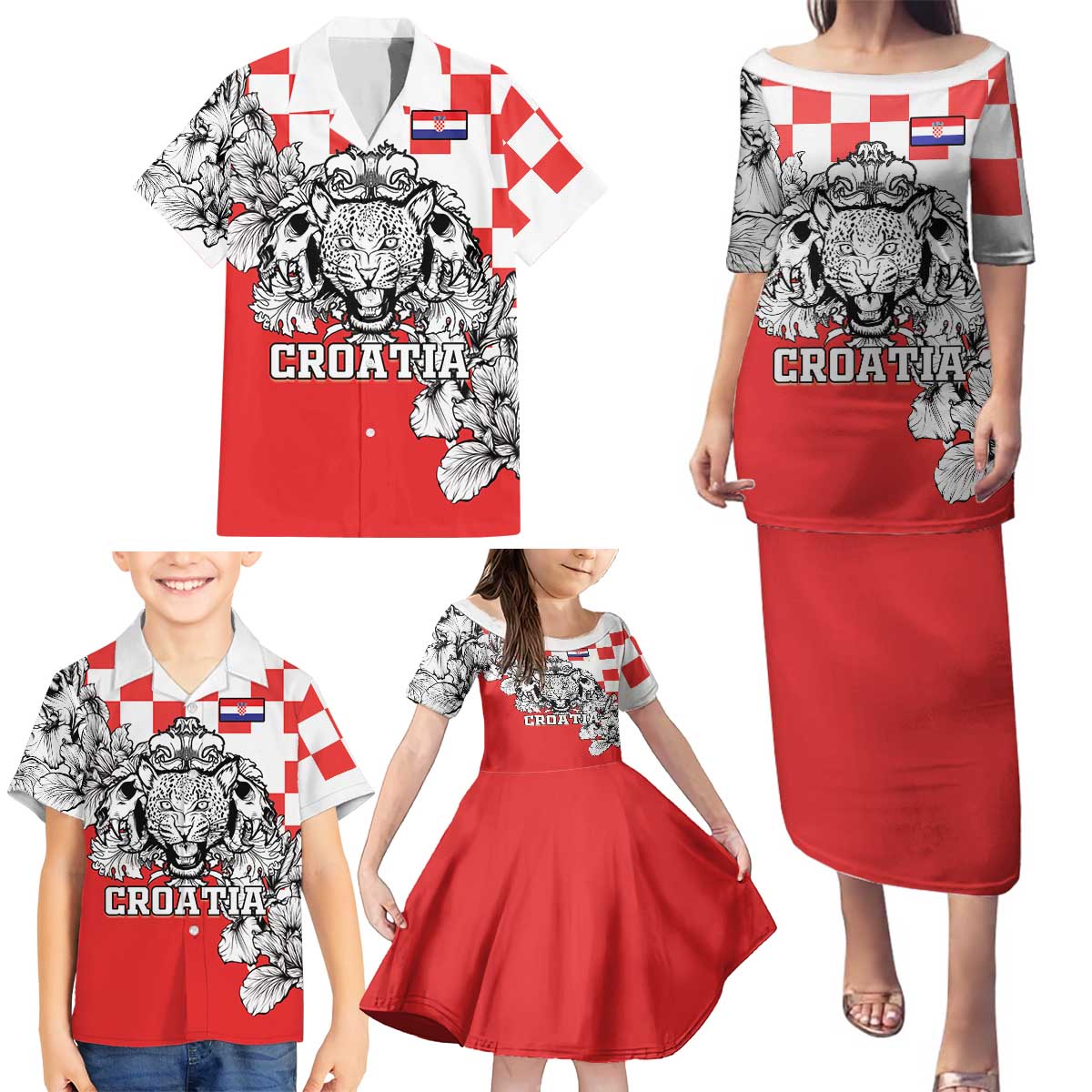 Personalized Croatia Leopard Heads Family Matching Puletasi and Hawaiian Shirt With Iris - Wonder Print Shop