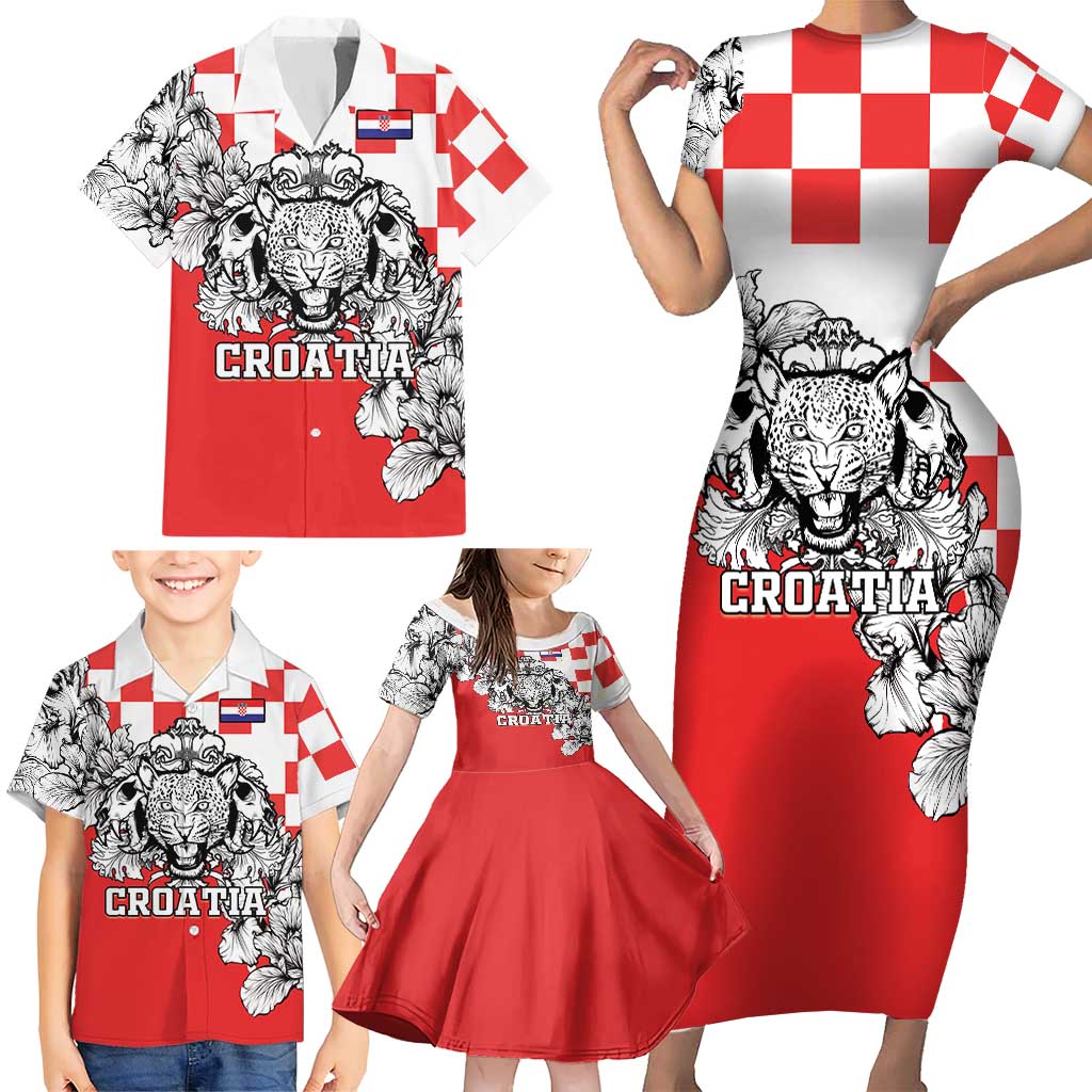 Personalized Croatia Leopard Heads Family Matching Short Sleeve Bodycon Dress and Hawaiian Shirt With Iris - Wonder Print Shop