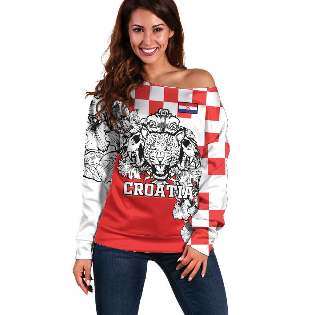 Personalized Croatia Leopard Heads Off Shoulder Sweater With Iris - Wonder Print Shop