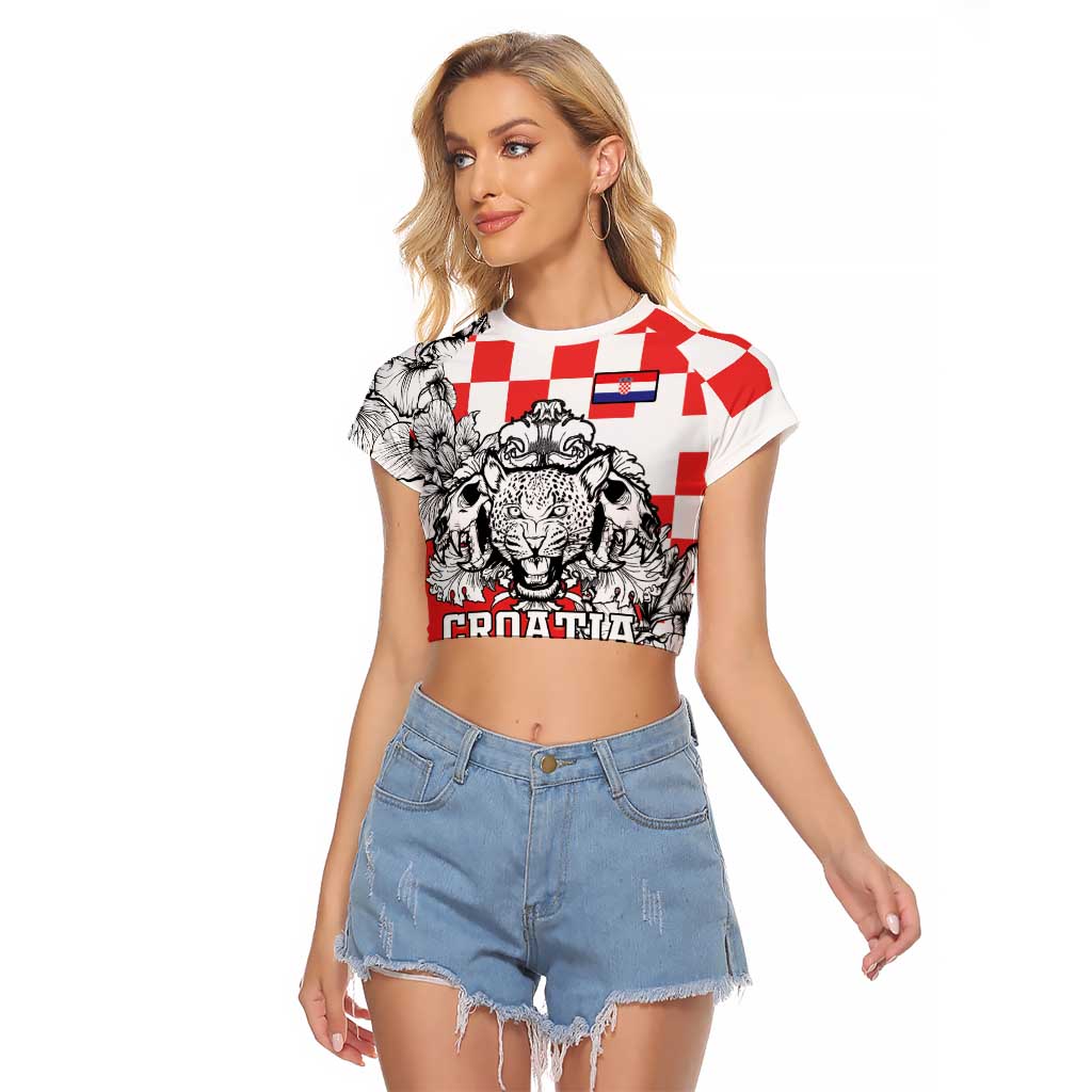 Personalized Croatia Leopard Heads Raglan Cropped T Shirt With Iris - Wonder Print Shop