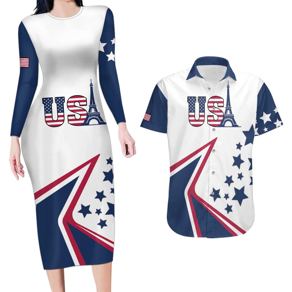 Custom USA Summer Sport 2024 Couples Matching Long Sleeve Bodycon Dress and Hawaiian Shirt Eiffel Tower 2024 - Wonder Print Shop