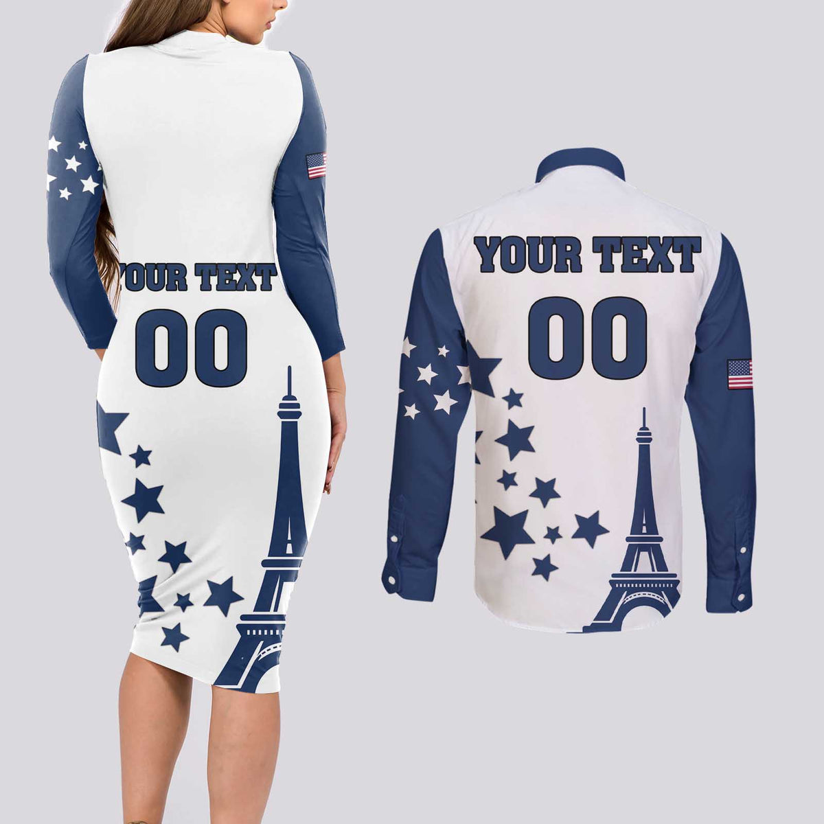 Custom USA Summer Sport 2024 Couples Matching Long Sleeve Bodycon Dress and Long Sleeve Button Shirt Eiffel Tower 2024 - Wonder Print Shop