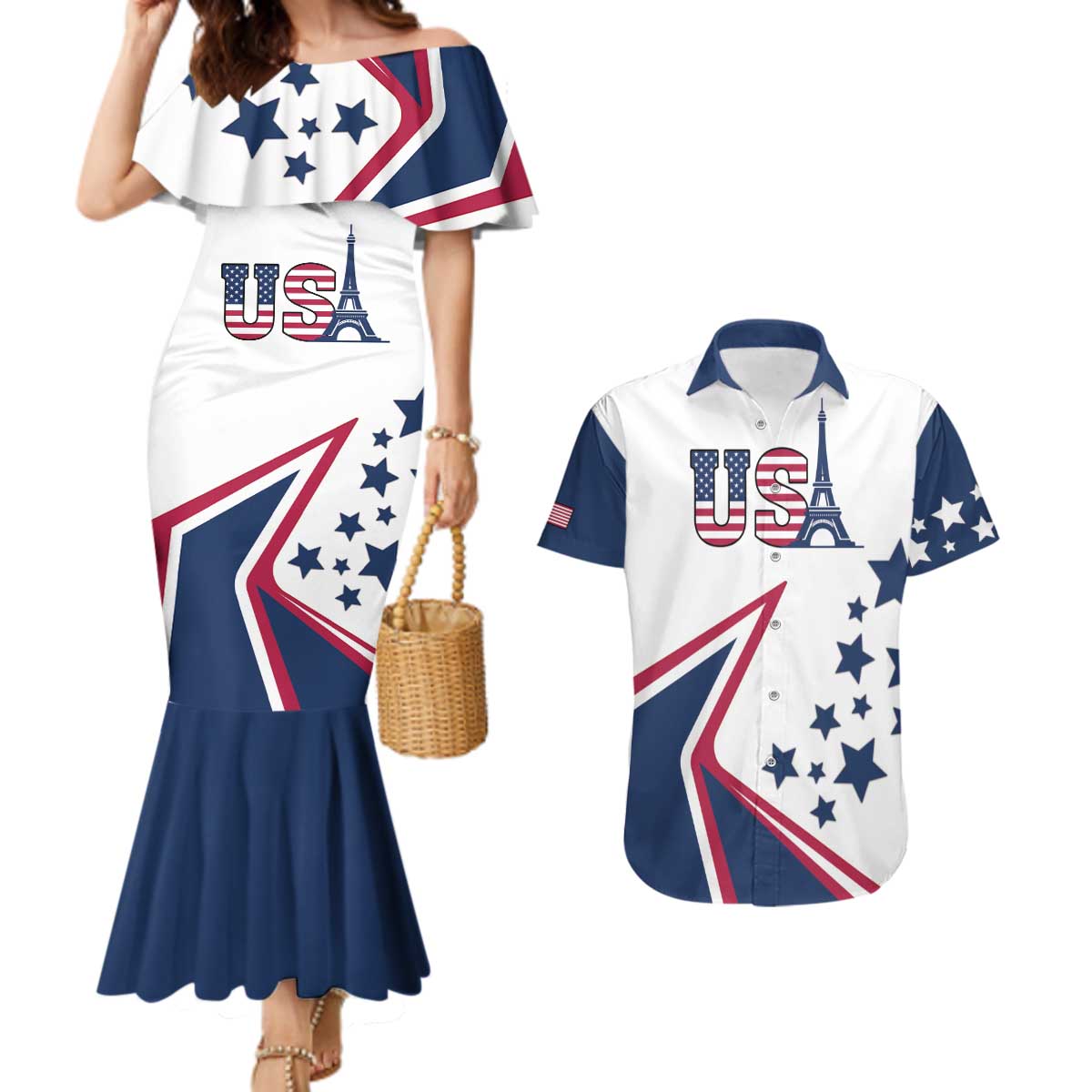 Custom USA Summer Sport 2024 Couples Matching Mermaid Dress and Hawaiian Shirt Eiffel Tower 2024 - Wonder Print Shop