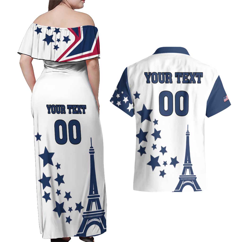 Custom USA Summer Sport 2024 Couples Matching Off Shoulder Maxi Dress and Hawaiian Shirt Eiffel Tower 2024 - Wonder Print Shop