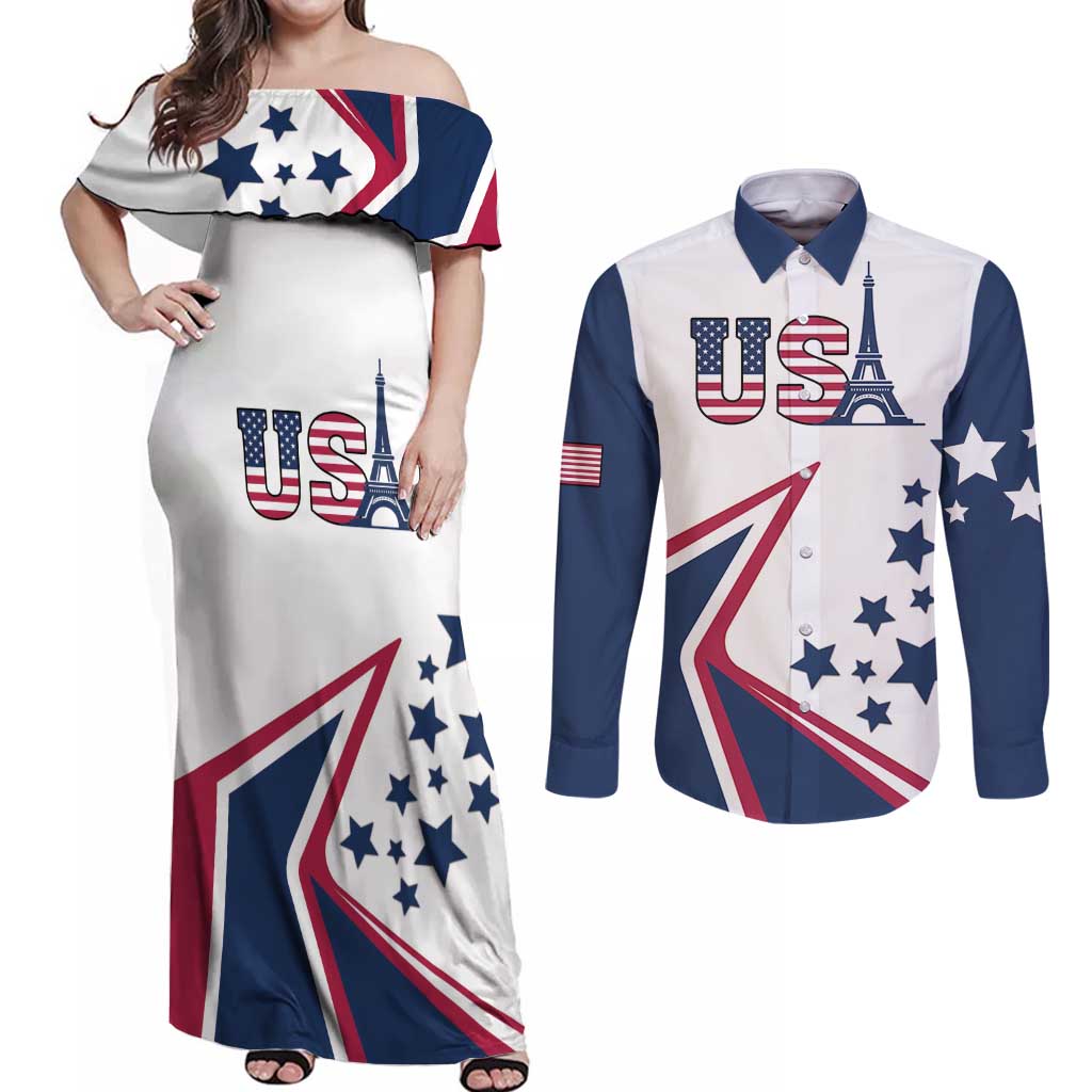 Custom USA Summer Sport 2024 Couples Matching Off Shoulder Maxi Dress and Long Sleeve Button Shirt Eiffel Tower 2024 - Wonder Print Shop