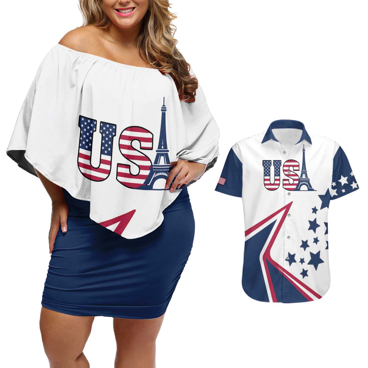 Custom USA Summer Sport 2024 Couples Matching Off Shoulder Short Dress and Hawaiian Shirt Eiffel Tower 2024 - Wonder Print Shop