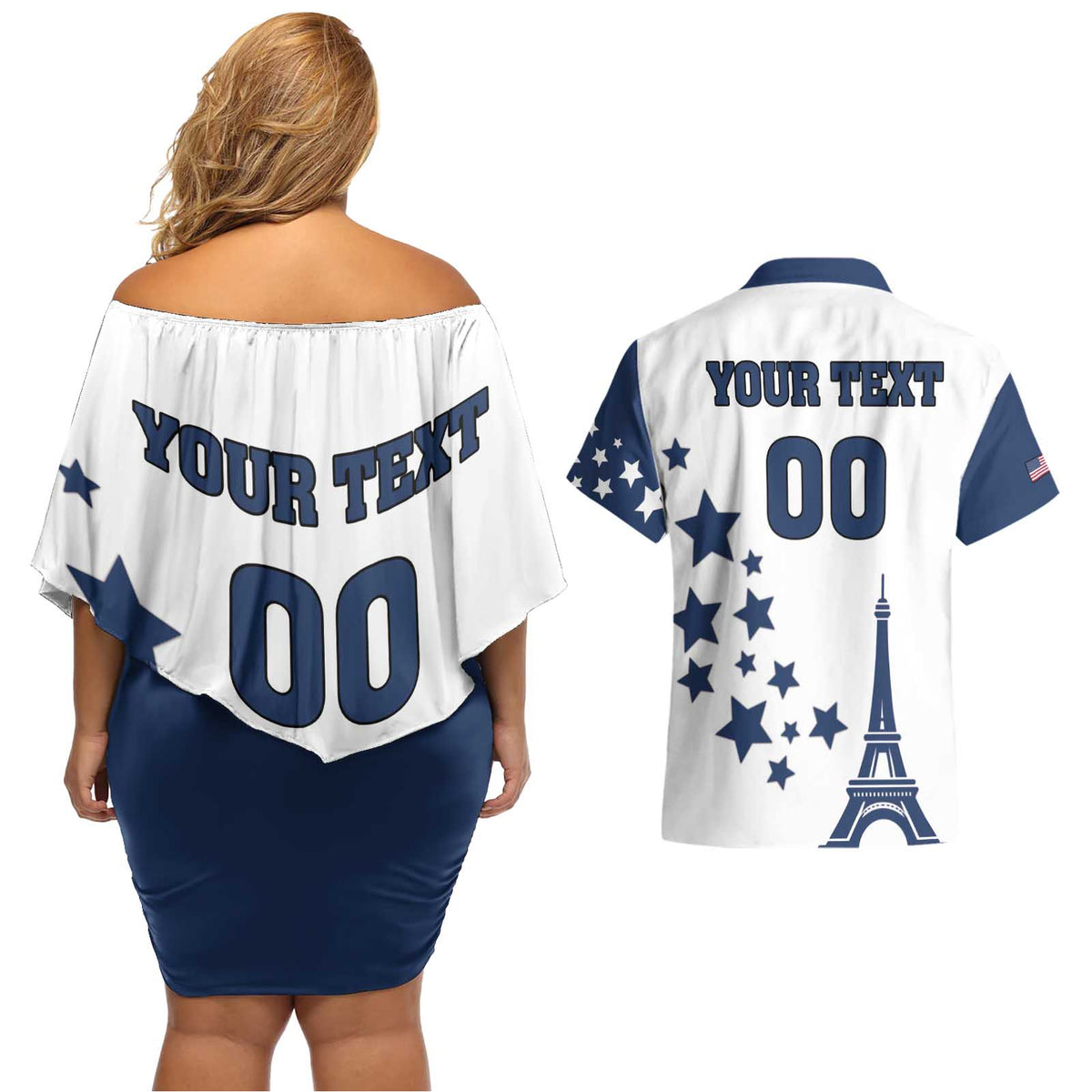 Custom USA Summer Sport 2024 Couples Matching Off Shoulder Short Dress and Hawaiian Shirt Eiffel Tower 2024 - Wonder Print Shop