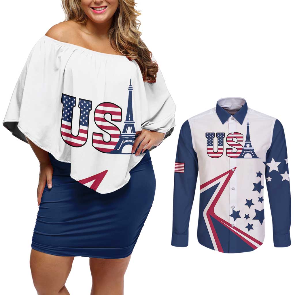 Custom USA Summer Sport 2024 Couples Matching Off Shoulder Short Dress and Long Sleeve Button Shirt Eiffel Tower 2024 - Wonder Print Shop