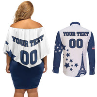 Custom USA Summer Sport 2024 Couples Matching Off Shoulder Short Dress and Long Sleeve Button Shirt Eiffel Tower 2024 - Wonder Print Shop
