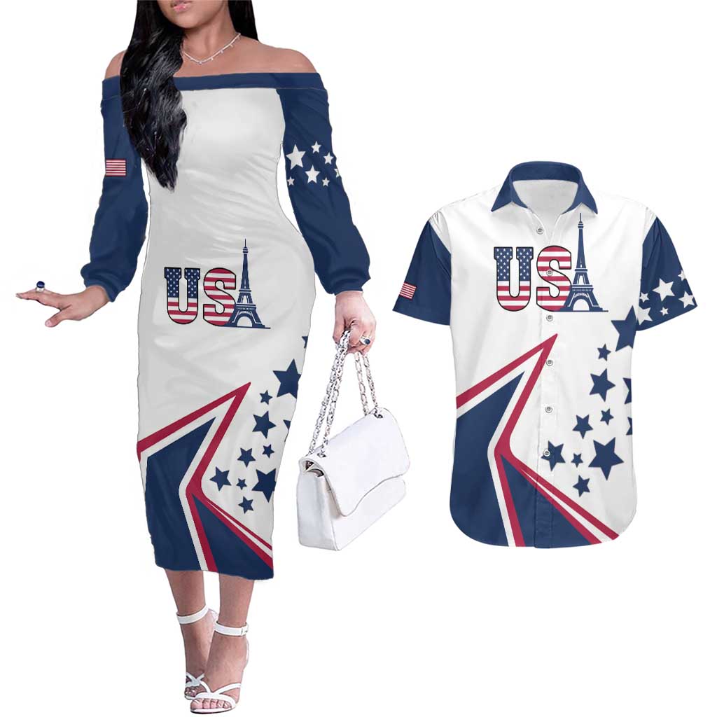 Custom USA Summer Sport 2024 Couples Matching Off The Shoulder Long Sleeve Dress and Hawaiian Shirt Eiffel Tower 2024 - Wonder Print Shop