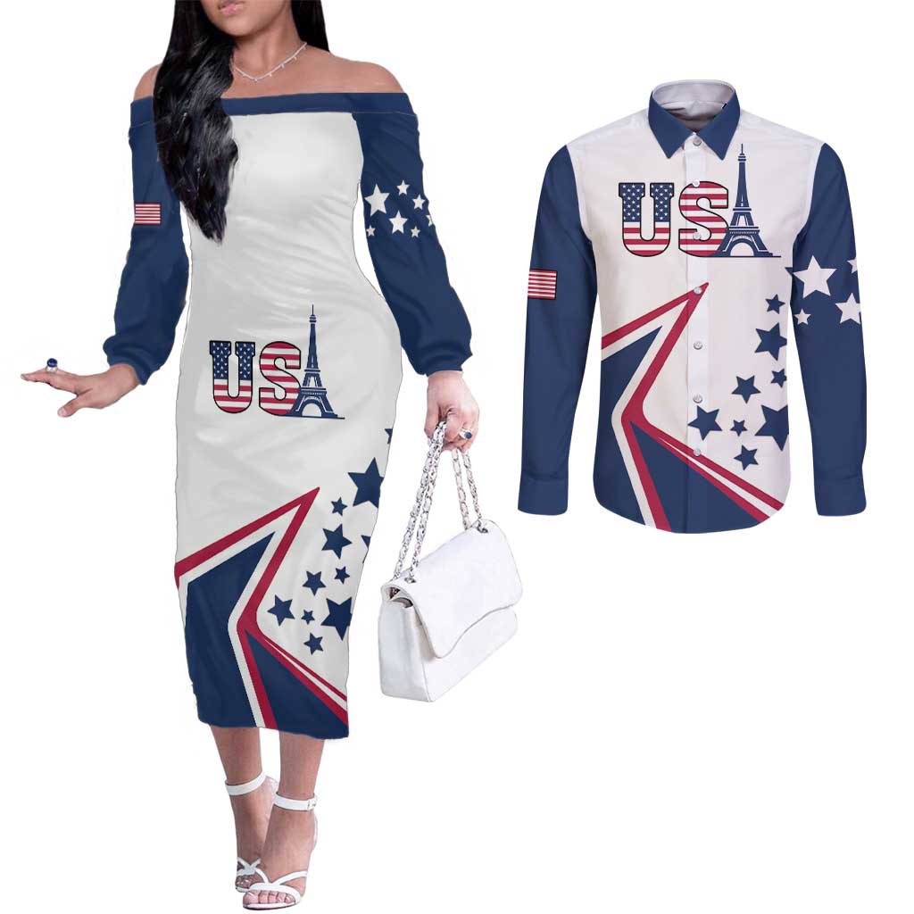 Custom USA Summer Sport 2024 Couples Matching Off The Shoulder Long Sleeve Dress and Long Sleeve Button Shirt Eiffel Tower 2024