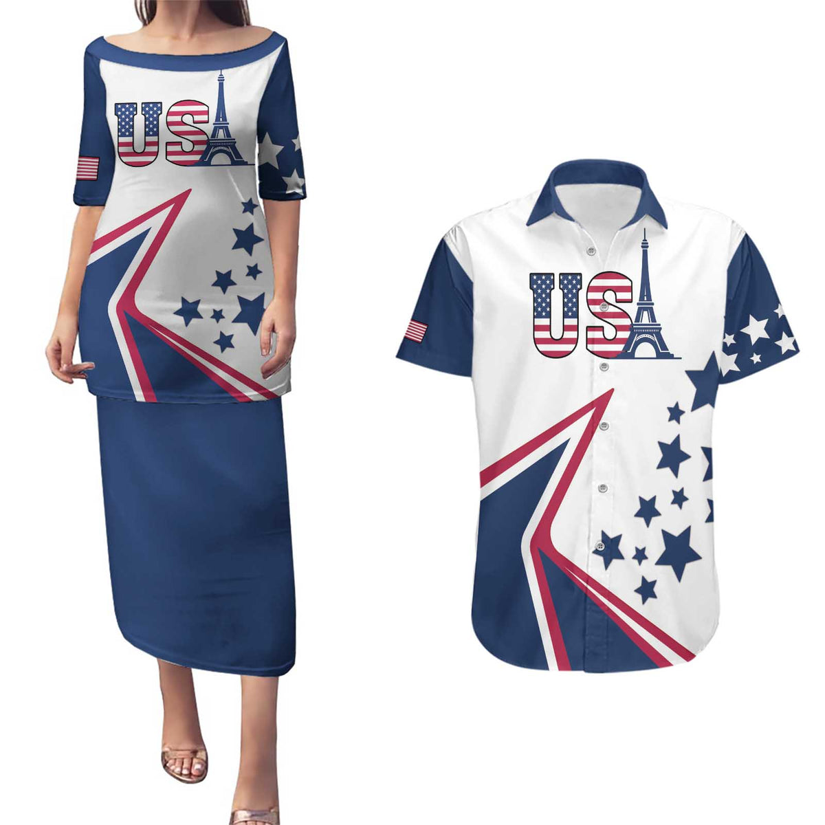 Custom USA Summer Sport 2024 Couples Matching Puletasi and Hawaiian Shirt Eiffel Tower 2024 - Wonder Print Shop