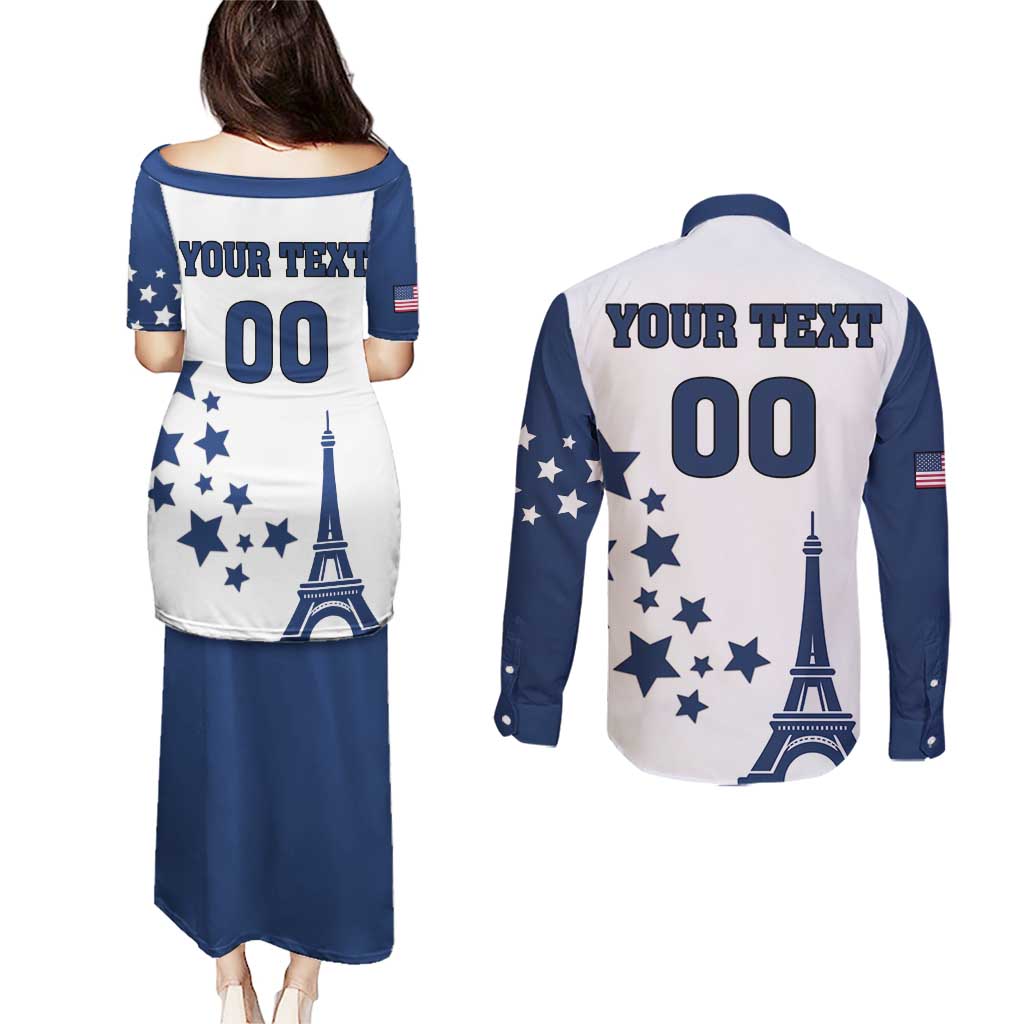 Custom USA Summer Sport 2024 Couples Matching Puletasi and Long Sleeve Button Shirt Eiffel Tower 2024 - Wonder Print Shop