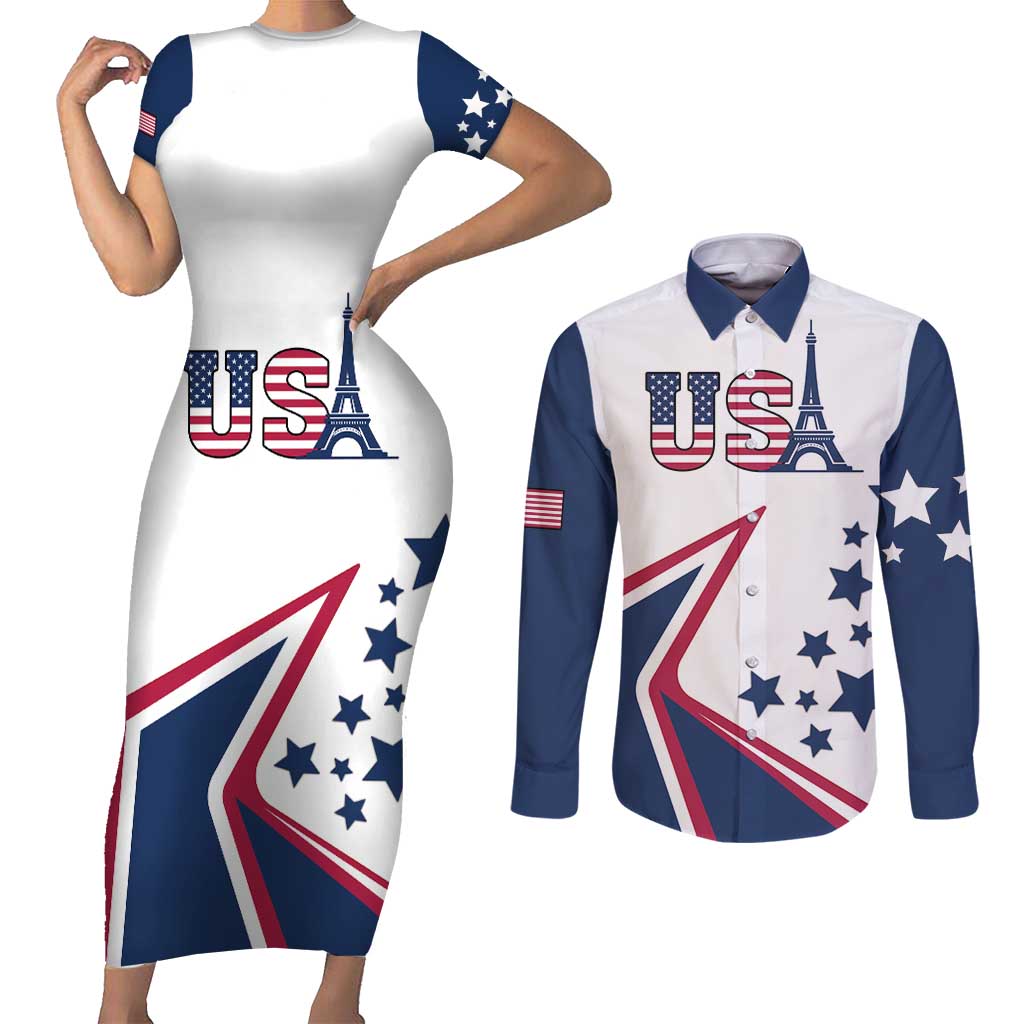 Custom USA Summer Sport 2024 Couples Matching Short Sleeve Bodycon Dress and Long Sleeve Button Shirt Eiffel Tower 2024 - Wonder Print Shop