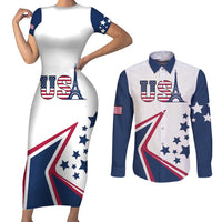 Custom USA Summer Sport 2024 Couples Matching Short Sleeve Bodycon Dress and Long Sleeve Button Shirt Eiffel Tower 2024 - Wonder Print Shop
