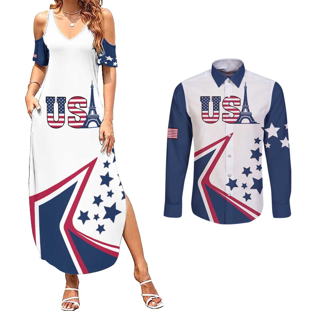 Custom USA Summer Sport 2024 Couples Matching Summer Maxi Dress and Long Sleeve Button Shirt Eiffel Tower 2024 - Wonder Print Shop