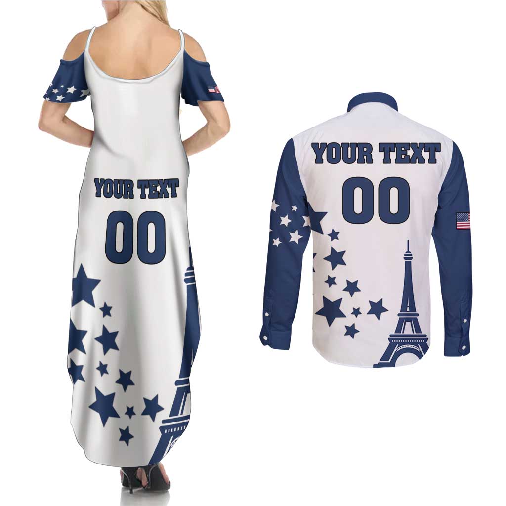 Custom USA Summer Sport 2024 Couples Matching Summer Maxi Dress and Long Sleeve Button Shirt Eiffel Tower 2024 - Wonder Print Shop