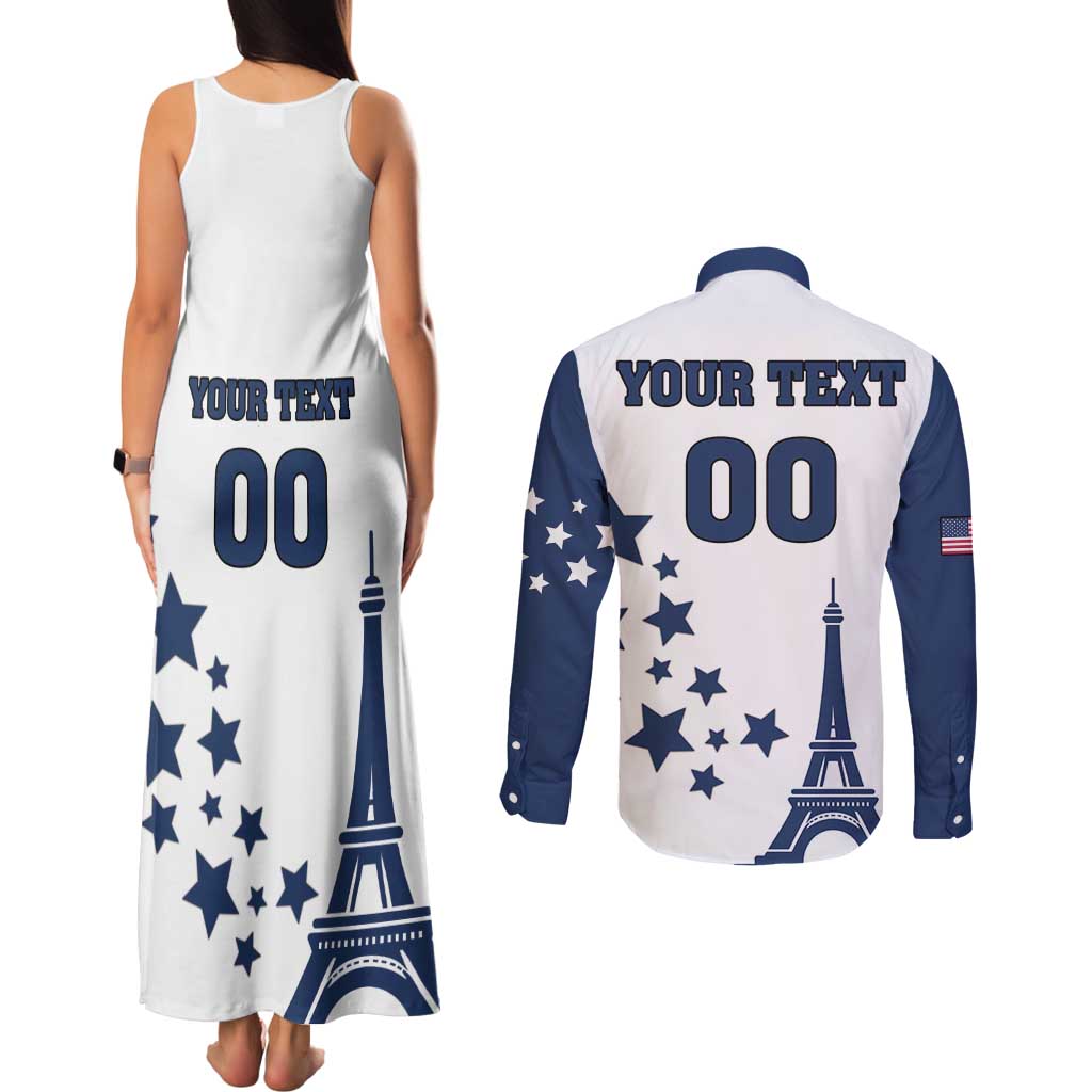 Custom USA Summer Sport 2024 Couples Matching Tank Maxi Dress and Long Sleeve Button Shirt Eiffel Tower 2024 - Wonder Print Shop