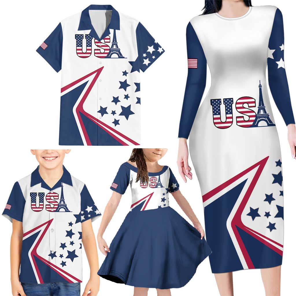 Custom USA Summer Sport 2024 Family Matching Long Sleeve Bodycon Dress and Hawaiian Shirt Eiffel Tower 2024 - Wonder Print Shop