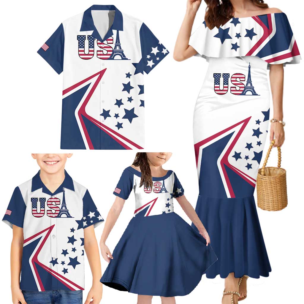 Custom USA Summer Sport 2024 Family Matching Mermaid Dress and Hawaiian Shirt Eiffel Tower 2024 - Wonder Print Shop