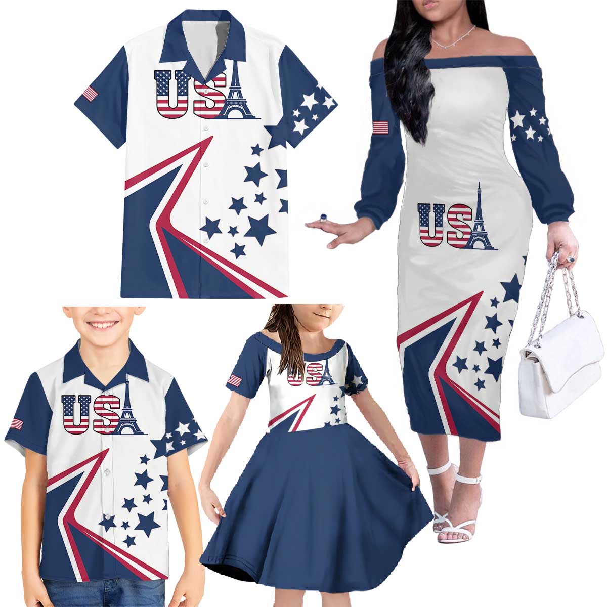 Custom USA Summer Sport 2024 Family Matching Off The Shoulder Long Sleeve Dress and Hawaiian Shirt Eiffel Tower 2024 - Wonder Print Shop