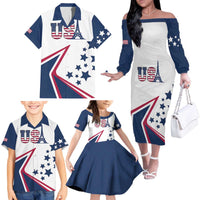 Custom USA Summer Sport 2024 Family Matching Off The Shoulder Long Sleeve Dress and Hawaiian Shirt Eiffel Tower 2024 - Wonder Print Shop