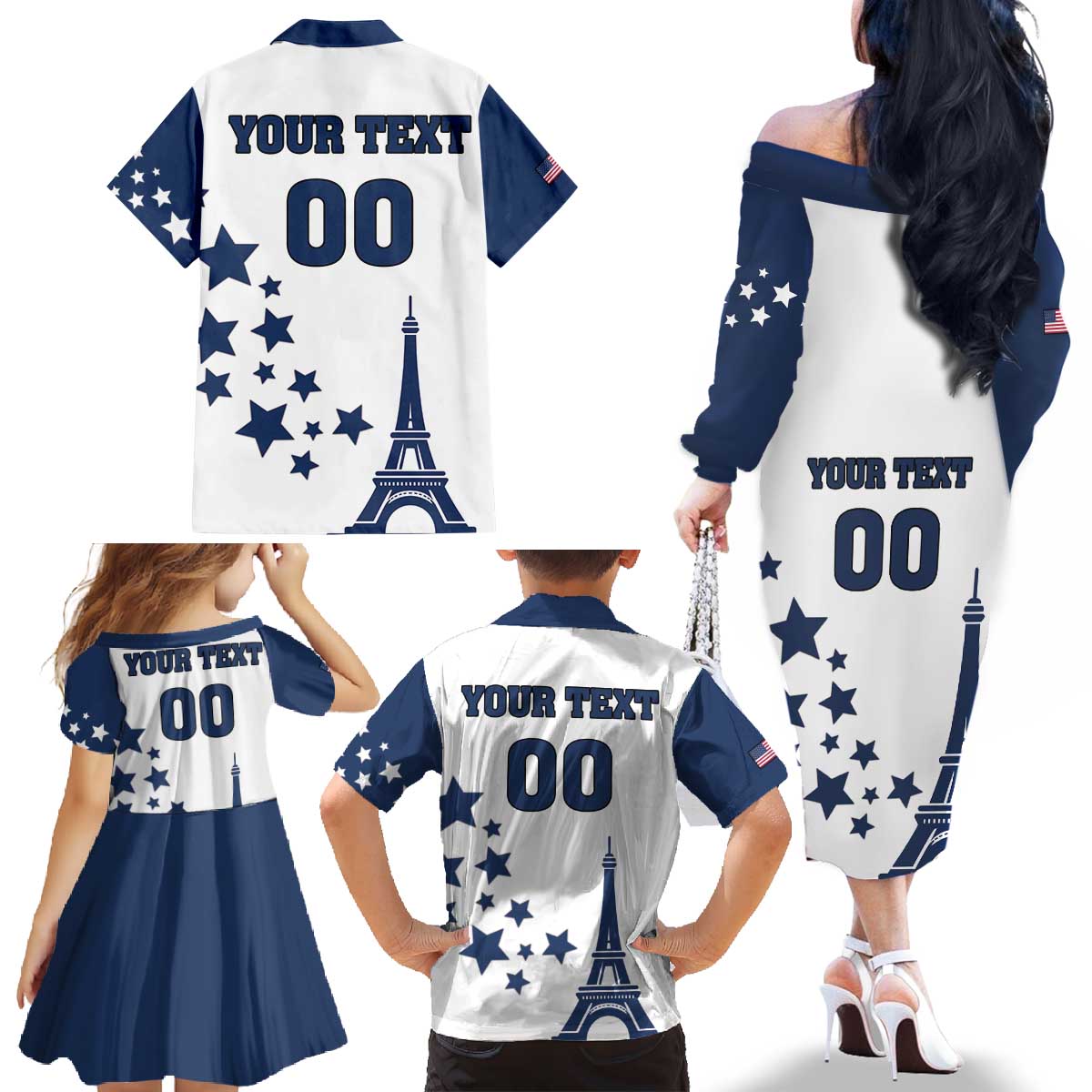Custom USA Summer Sport 2024 Family Matching Off The Shoulder Long Sleeve Dress and Hawaiian Shirt Eiffel Tower 2024 - Wonder Print Shop
