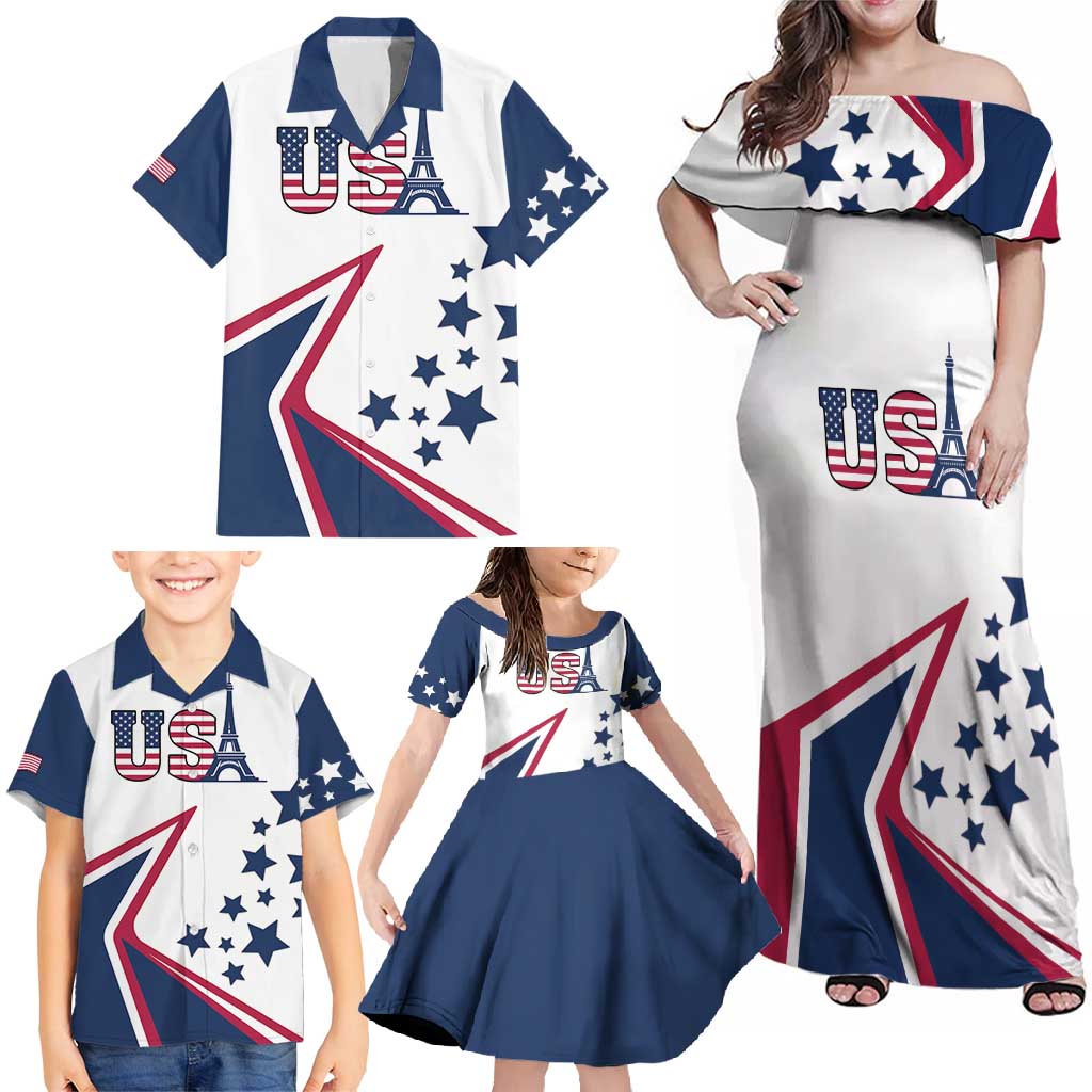 Custom USA Summer Sport 2024 Family Matching Off Shoulder Maxi Dress and Hawaiian Shirt Eiffel Tower 2024 - Wonder Print Shop