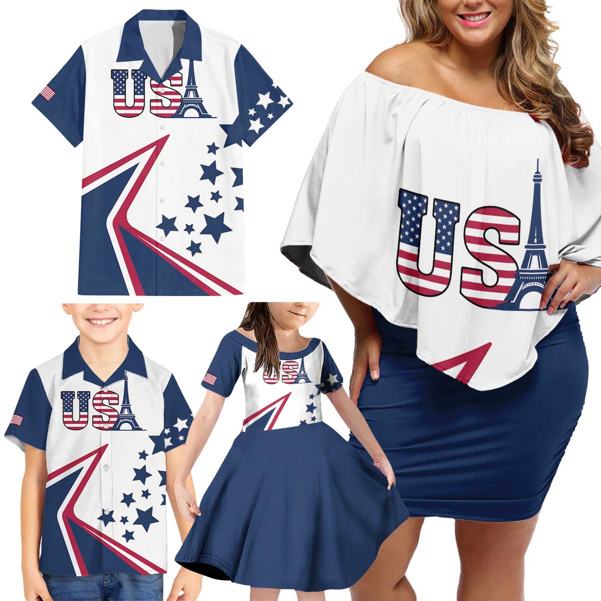 Custom USA Summer Sport 2024 Family Matching Off Shoulder Short Dress and Hawaiian Shirt Eiffel Tower 2024 - Wonder Print Shop