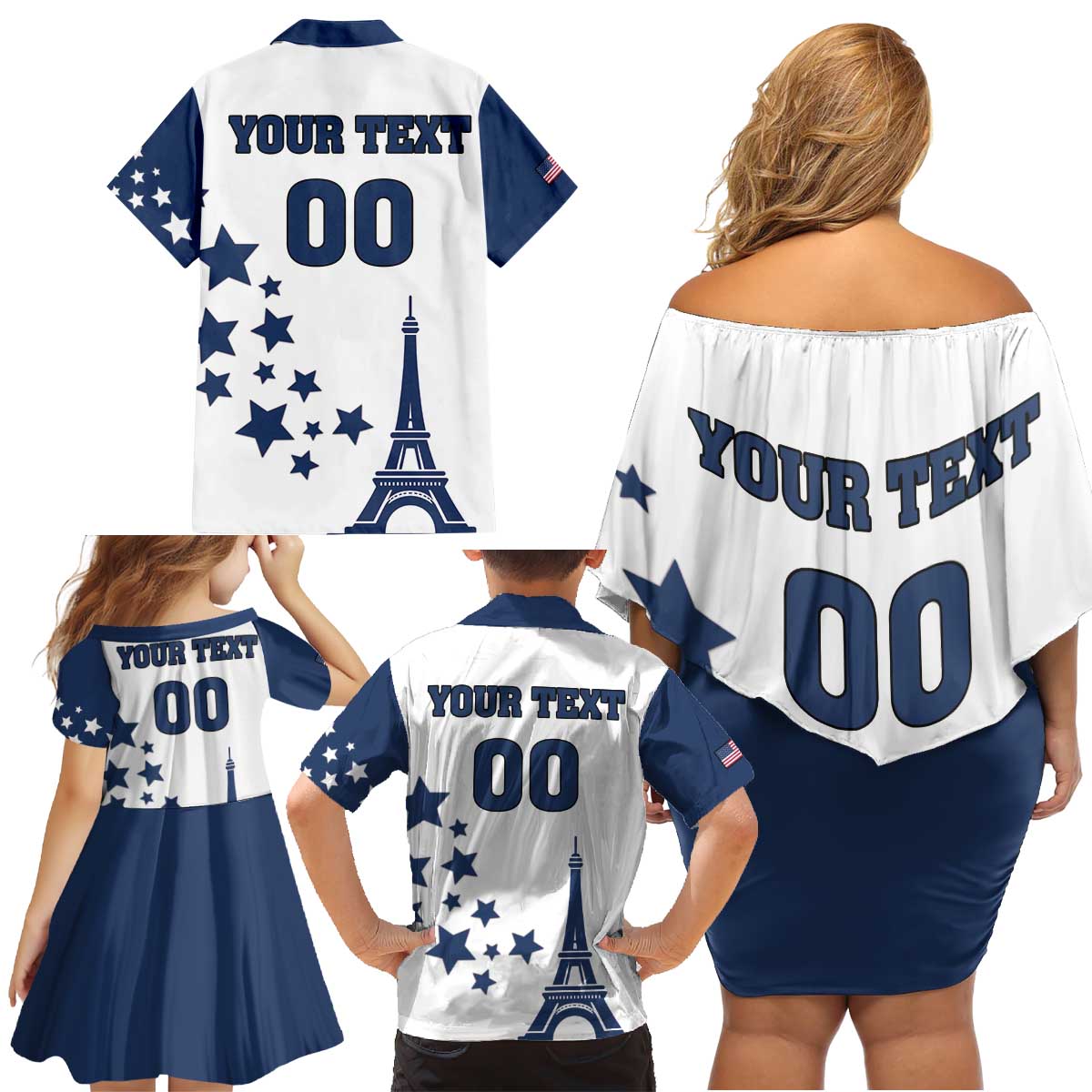 Custom USA Summer Sport 2024 Family Matching Off Shoulder Short Dress and Hawaiian Shirt Eiffel Tower 2024 - Wonder Print Shop