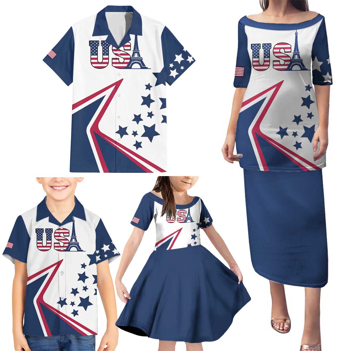 Custom USA Summer Sport 2024 Family Matching Puletasi and Hawaiian Shirt Eiffel Tower 2024 - Wonder Print Shop