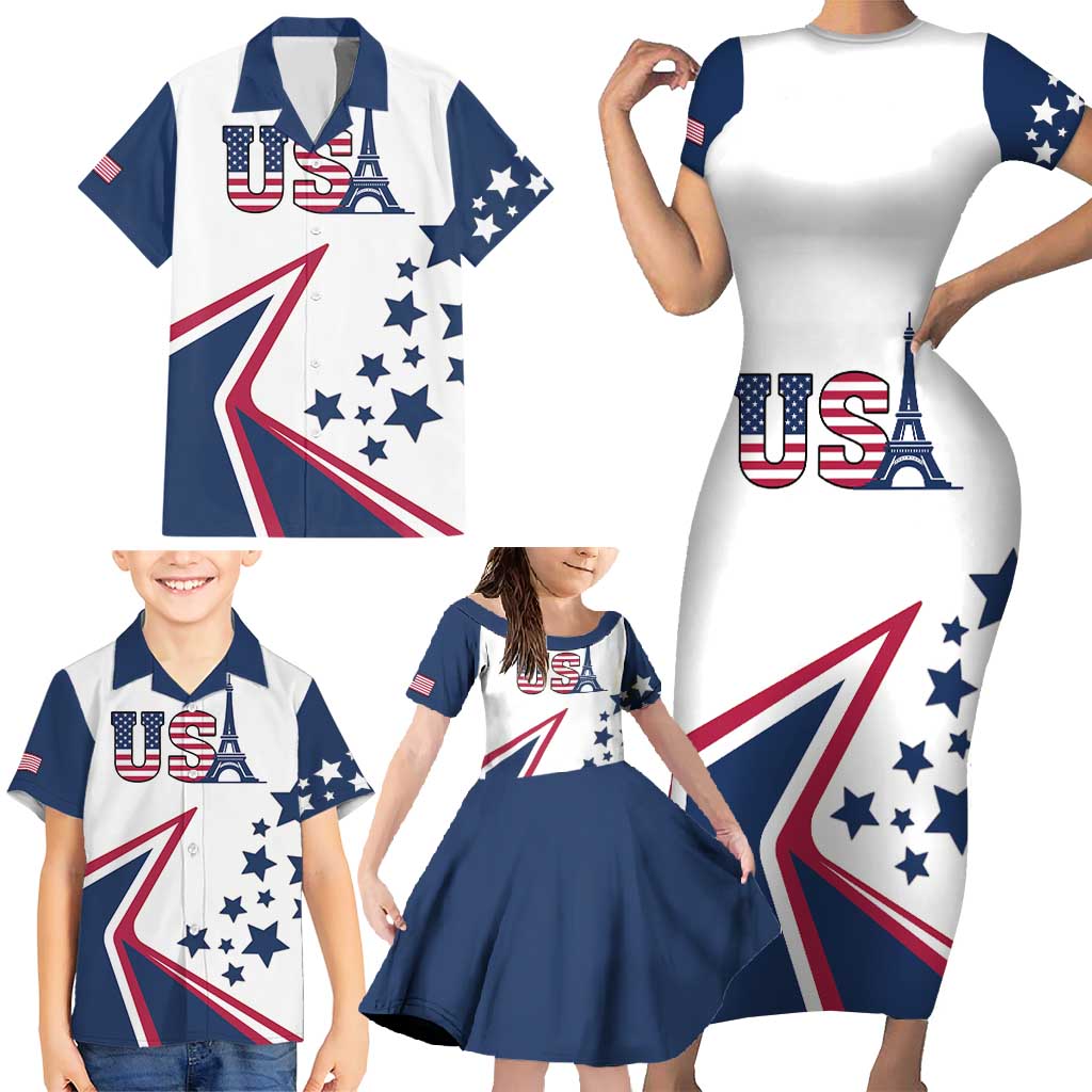Custom USA Summer Sport 2024 Family Matching Short Sleeve Bodycon Dress and Hawaiian Shirt Eiffel Tower 2024 - Wonder Print Shop
