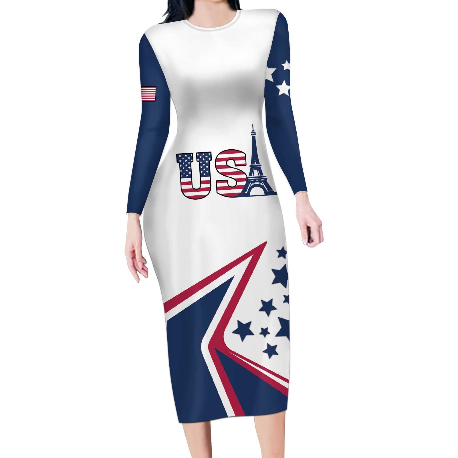 Custom USA Summer Sport 2024 Long Sleeve Bodycon Dress Eiffel Tower 2024 - Wonder Print Shop