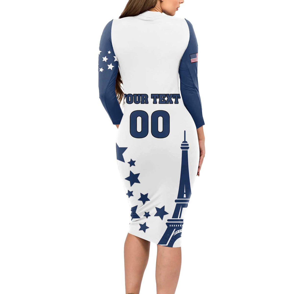 Custom USA Summer Sport 2024 Long Sleeve Bodycon Dress Eiffel Tower 2024 - Wonder Print Shop