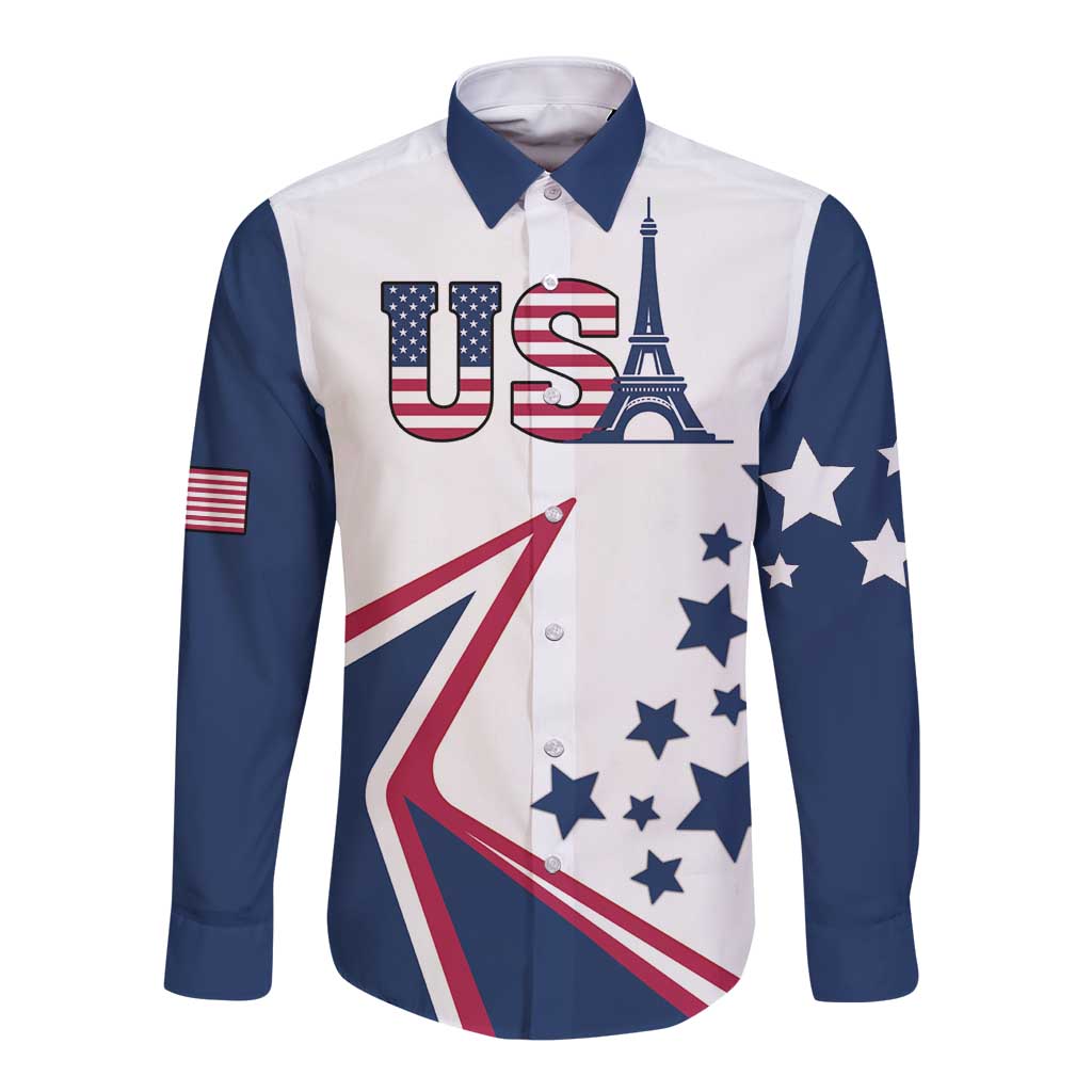 Custom USA Summer Sport 2024 Long Sleeve Button Shirt Eiffel Tower 2024 - Wonder Print Shop
