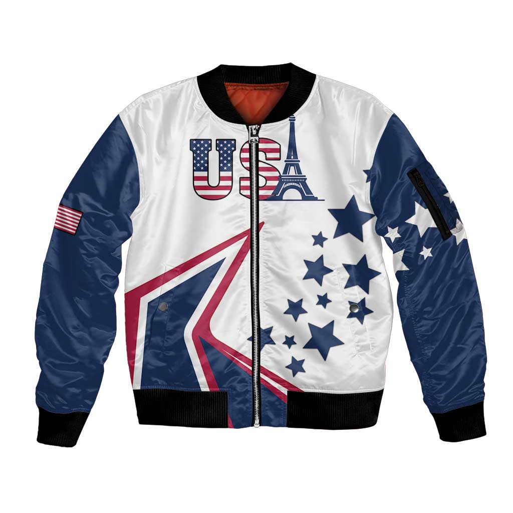 Custom USA Summer Sport 2024 Sleeve Zip Bomber Jacket Eiffel Tower 2024 - Wonder Print Shop