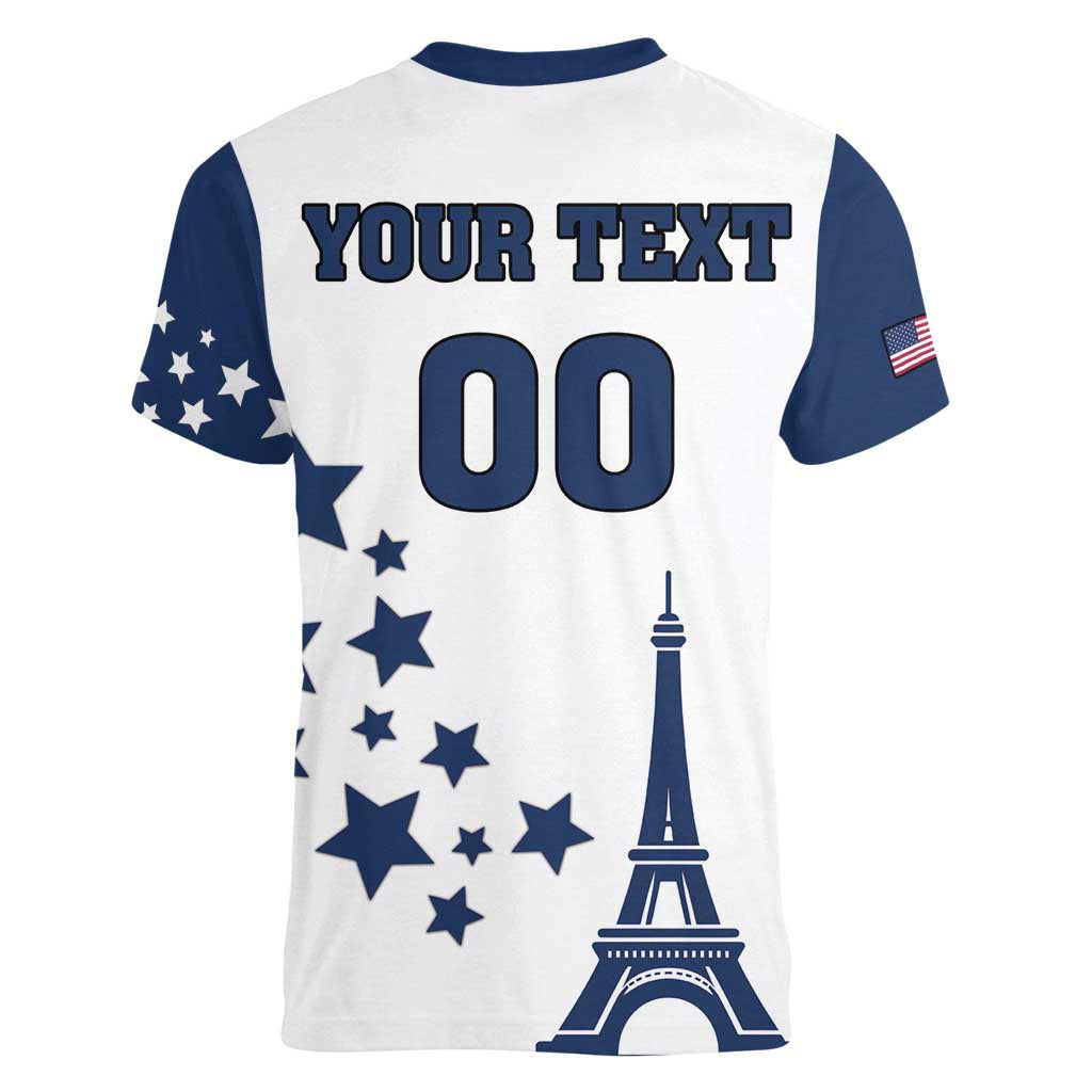 Custom USA Summer Sport 2024 Women V-Neck T-Shirt Eiffel Tower 2024 - Wonder Print Shop