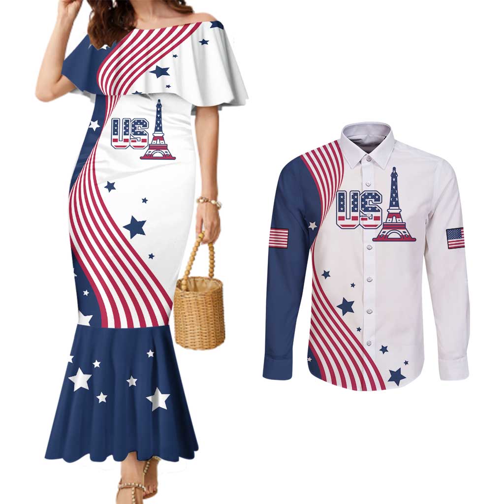 Custom USA Summer Sport 2024 Couples Matching Mermaid Dress and Long Sleeve Button Shirt Flag Of The United States