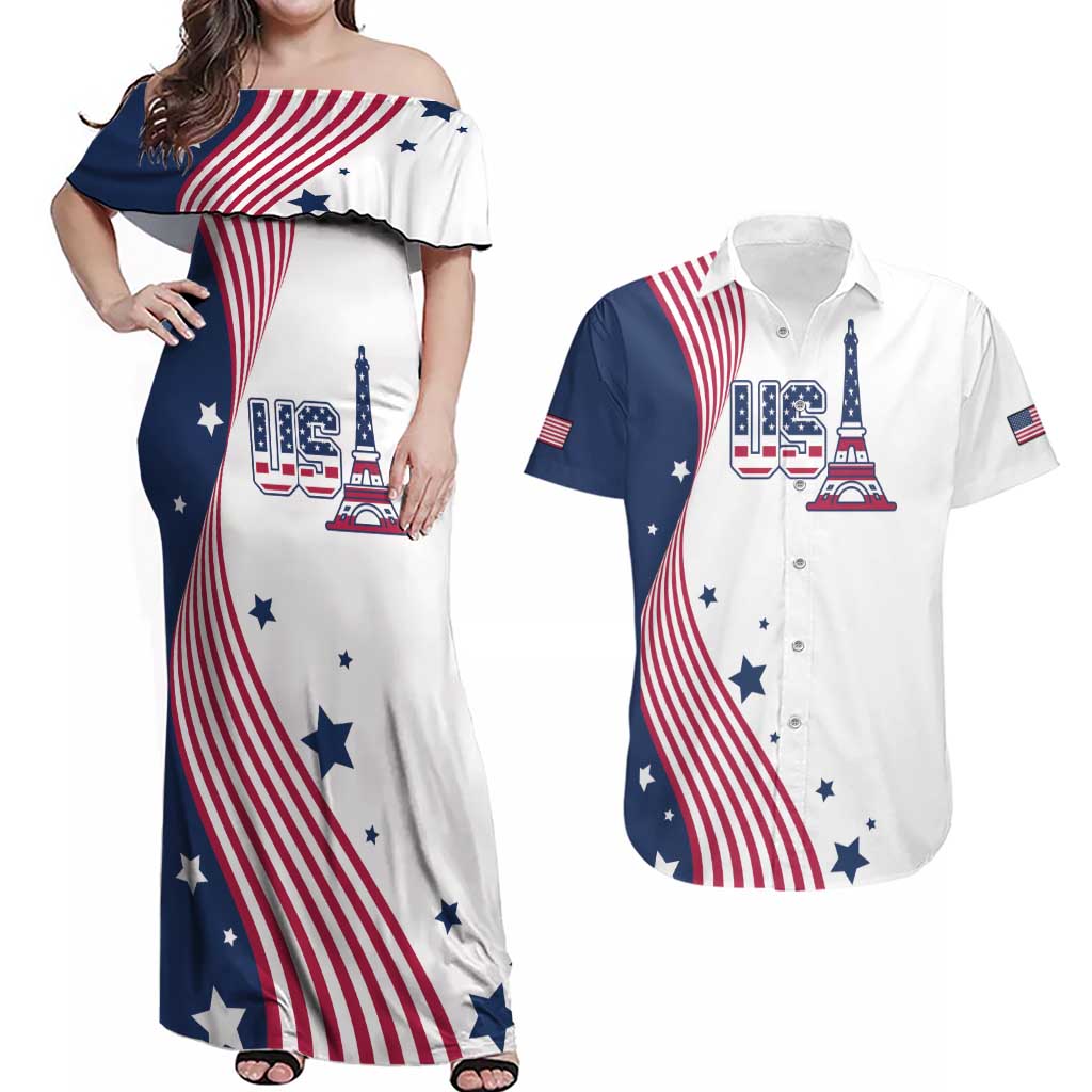 Custom USA Summer Sport 2024 Couples Matching Off Shoulder Maxi Dress and Hawaiian Shirt Flag Of The United States - Wonder Print Shop