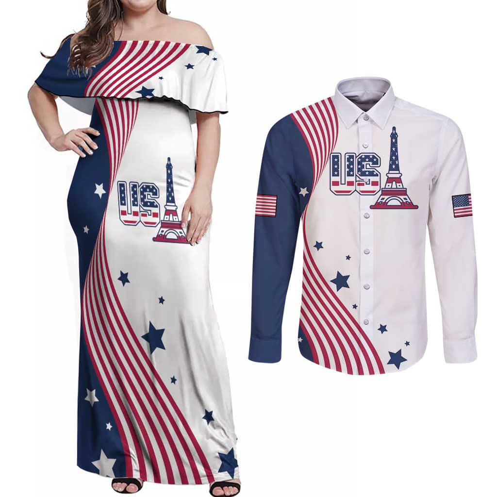 Custom USA Summer Sport 2024 Couples Matching Off Shoulder Maxi Dress and Long Sleeve Button Shirt Flag Of The United States - Wonder Print Shop
