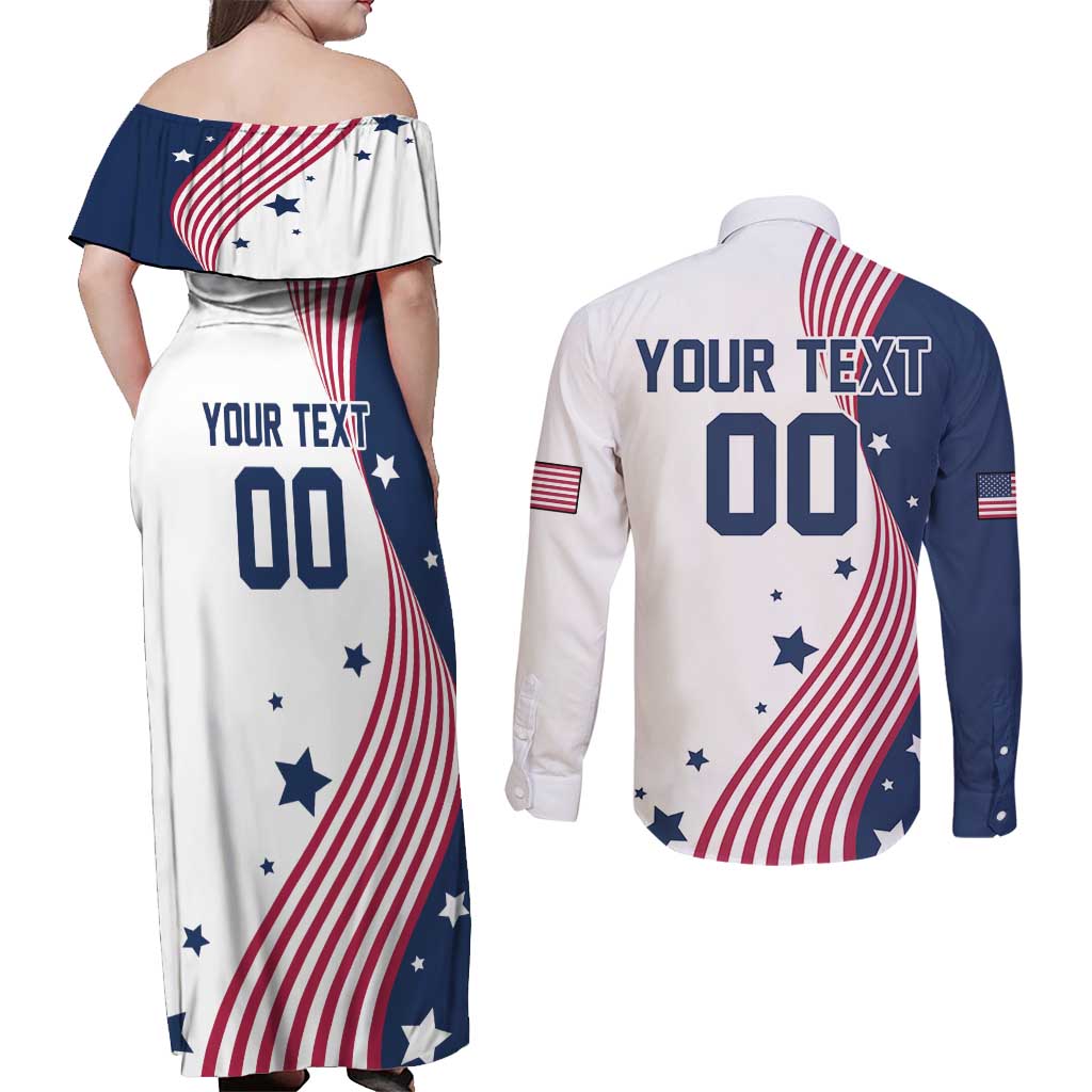 Custom USA Summer Sport 2024 Couples Matching Off Shoulder Maxi Dress and Long Sleeve Button Shirt Flag Of The United States - Wonder Print Shop