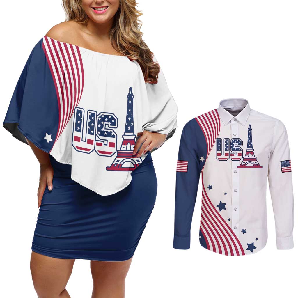 Custom USA Summer Sport 2024 Couples Matching Off Shoulder Short Dress and Long Sleeve Button Shirt Flag Of The United States - Wonder Print Shop
