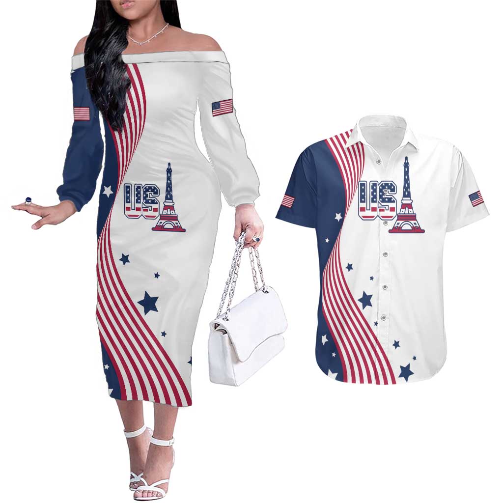Custom USA Summer Sport 2024 Couples Matching Off The Shoulder Long Sleeve Dress and Hawaiian Shirt Flag Of The United States - Wonder Print Shop