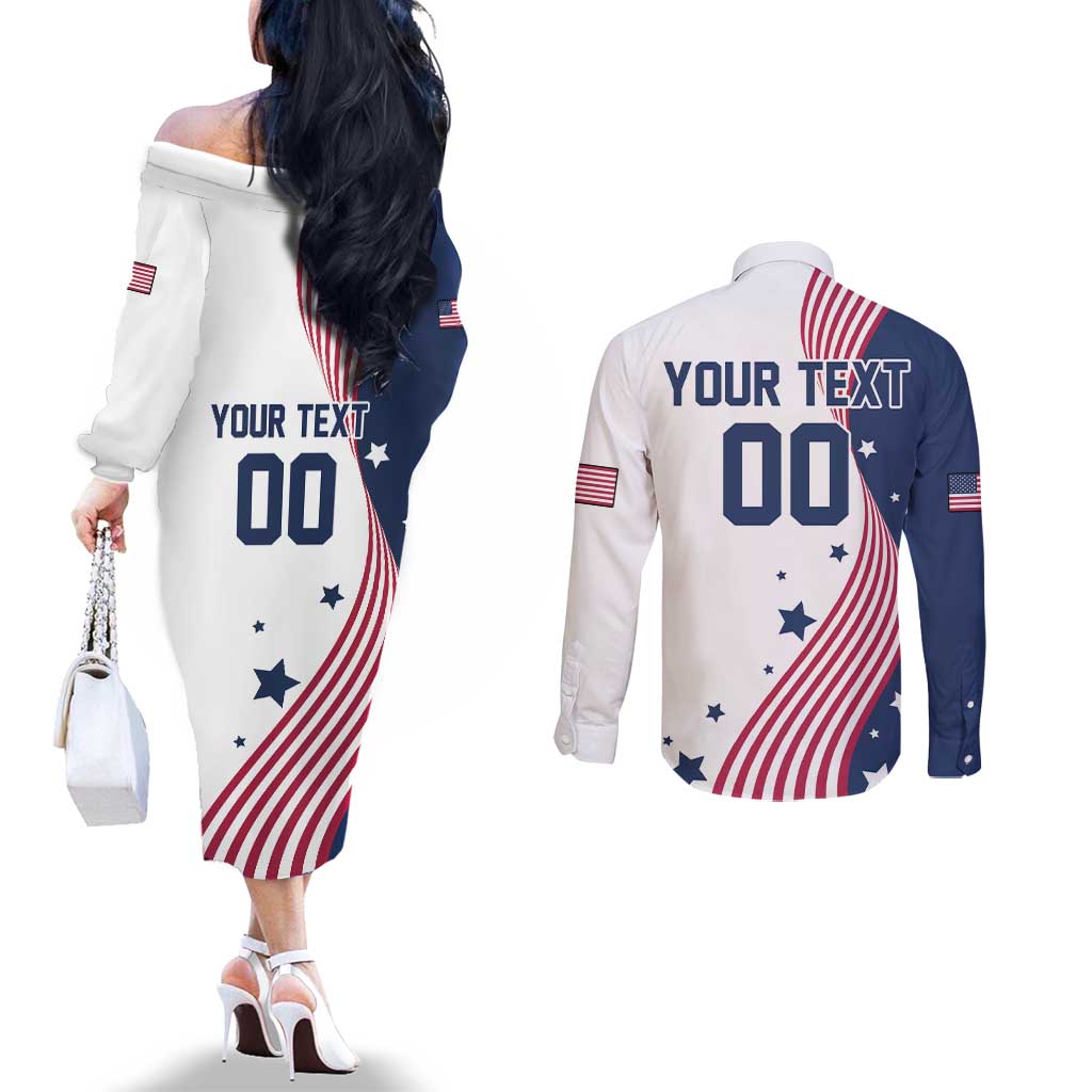 Custom USA Summer Sport 2024 Couples Matching Off The Shoulder Long Sleeve Dress and Long Sleeve Button Shirt Flag Of The United States