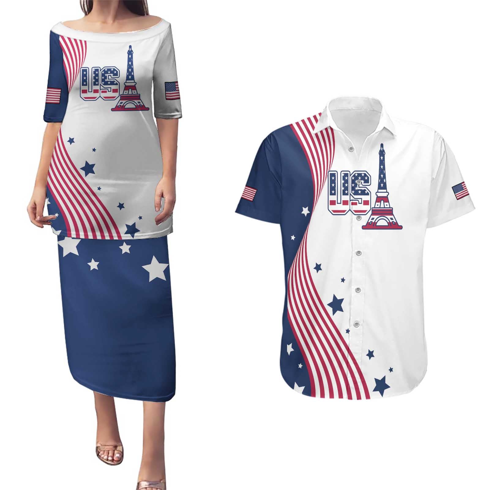 Custom USA Summer Sport 2024 Couples Matching Puletasi and Hawaiian Shirt Flag Of The United States - Wonder Print Shop