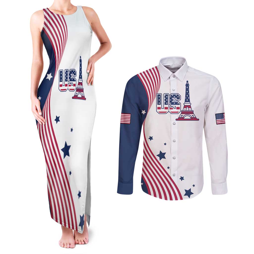 Custom USA Summer Sport 2024 Couples Matching Tank Maxi Dress and Long Sleeve Button Shirt Flag Of The United States - Wonder Print Shop