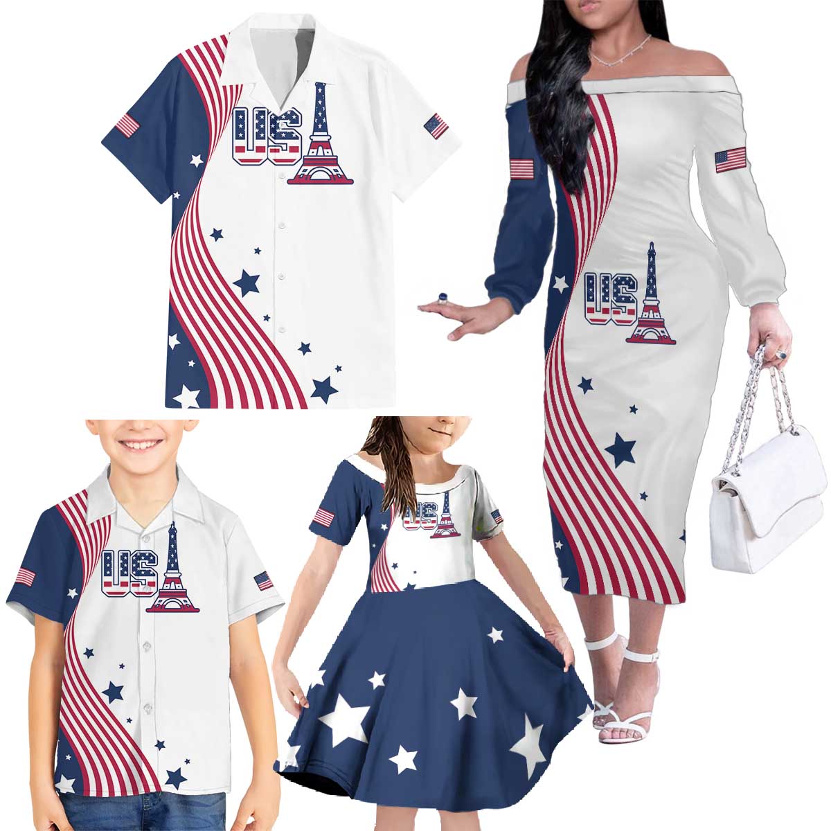 Custom USA Summer Sport 2024 Family Matching Off The Shoulder Long Sleeve Dress and Hawaiian Shirt Flag Of The United States - Wonder Print Shop